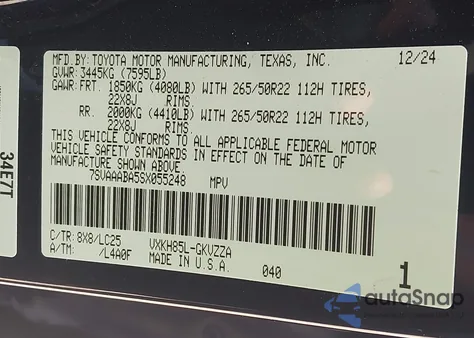 2025 Toyota Sequoia Capstone z USA, uszkodzony, nr VIN 7SVAAABA5SX055248